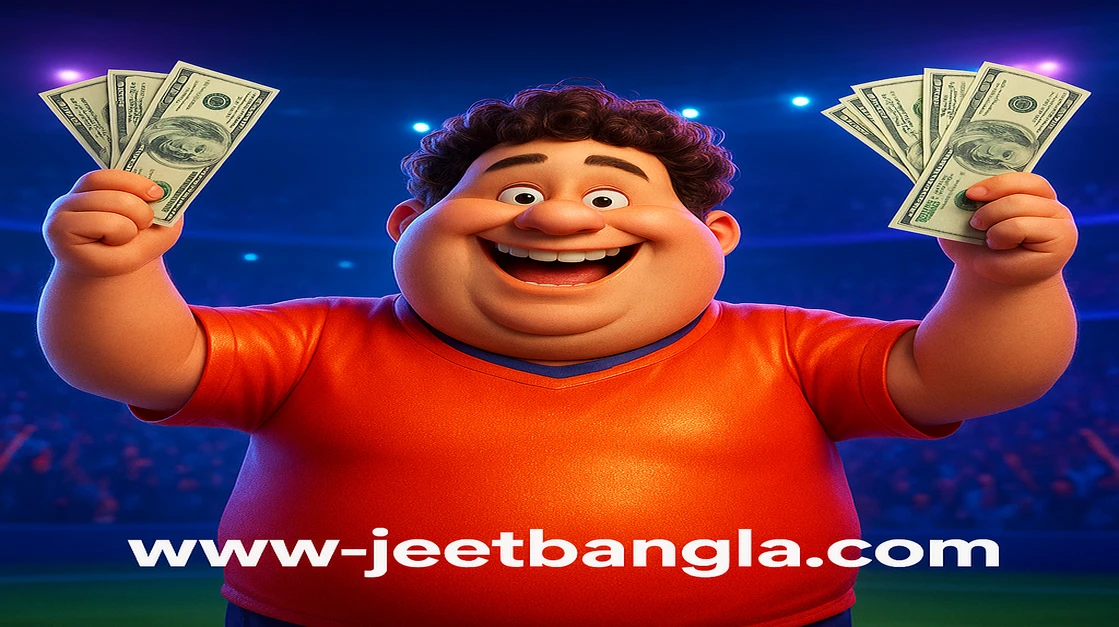 স্টেডিয়ামে একজন উল্লাসিত পুরুষ, স্পোর্টস জার্সি পরা এবং জার্সিতে লেখা 'বোনাস' নিয়ে বড় জয় থেকে নগদ তুলে ধরছেন। JeetBangla এর মাধ্যমে আজই আপনার জয়ী বোনাস পান!