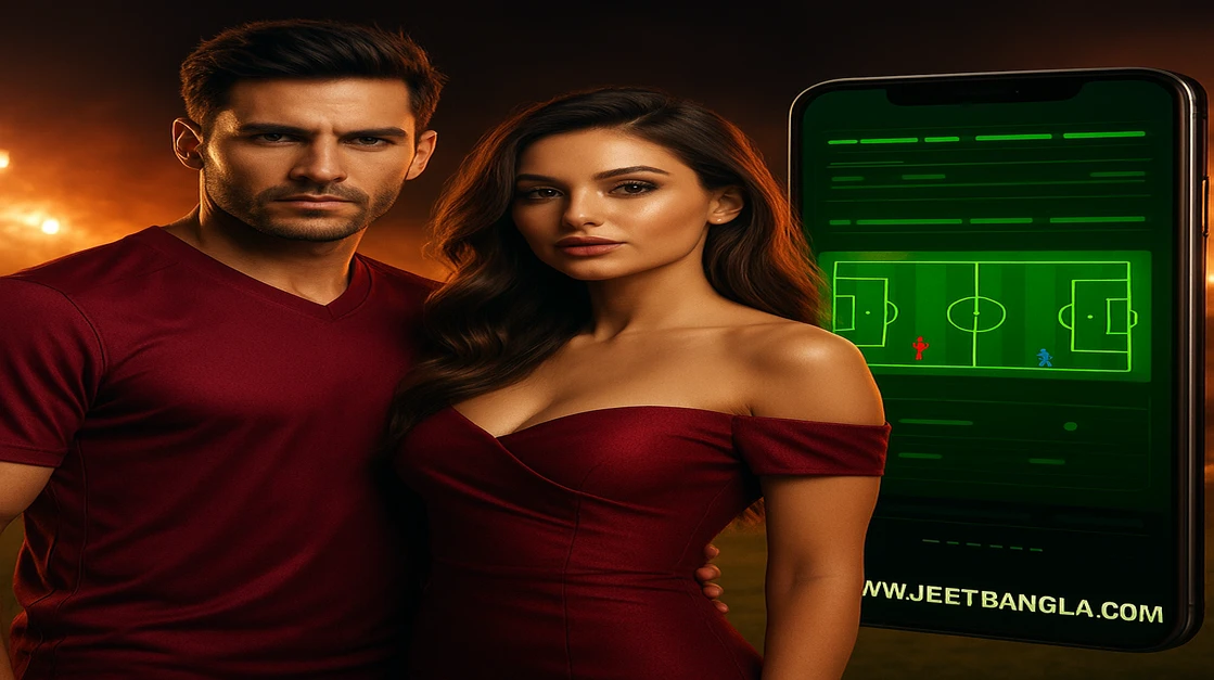 একটি আকর্ষণীয় যুগল, একজন পুরুষ ও একজন নারী, আমেরিকান ফুটবল জার্সি পরা, স্মার্টফোনে JeetBangla স্পোর্টস গেমিং অ্যাপ দেখিয়ে দাঁড়িয়ে আছে—যারা খেলা ভালোবাসেন তাদের জন্য নিখুঁত।